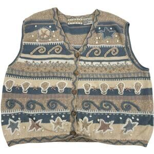 Vintage 90s y2k Women's Beach Shells Starfish Surfwear Knitted Cardigan Vest~ M